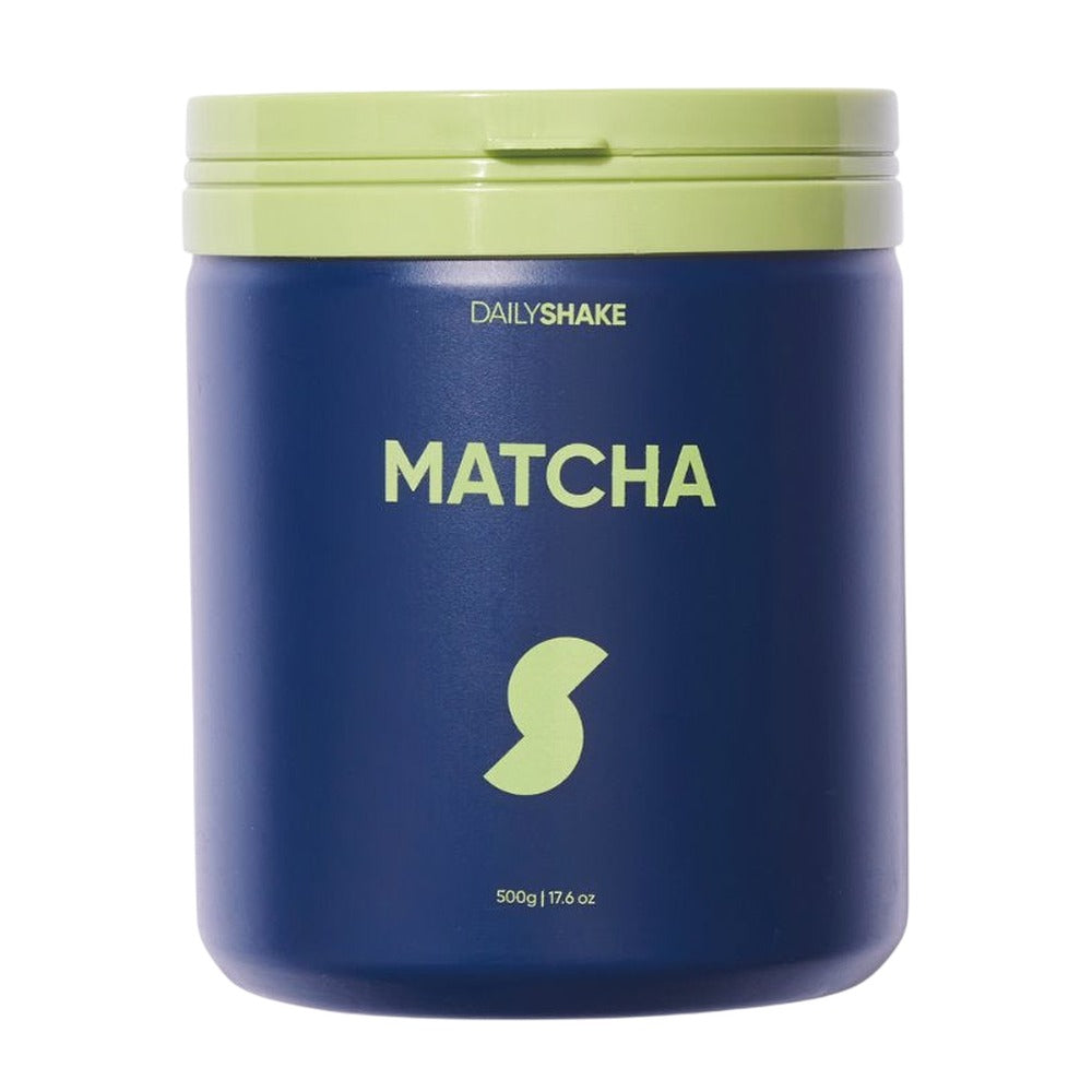 Blue container of DailyShake Matcha powder with green lid and logo on a white background
