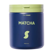 Blue container of DailyShake Matcha powder with green lid and logo on a white background