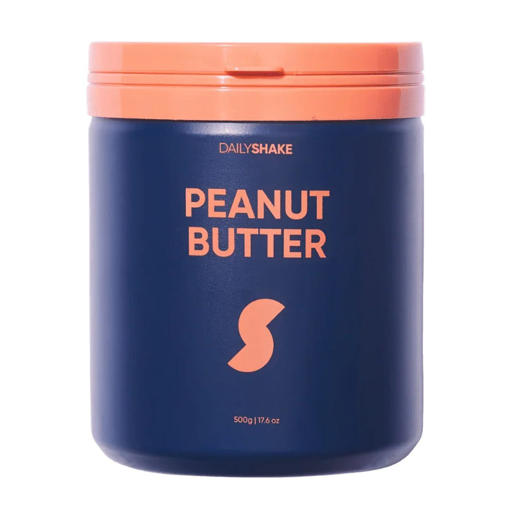 Blue container of Daily Shake Peanut Butter with orange lid and text on a white background