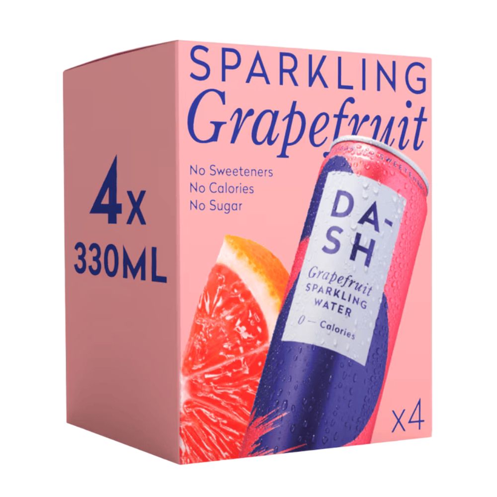 Box of DASH Grapefruit sparkling water with a grapefruit slice on a pink background