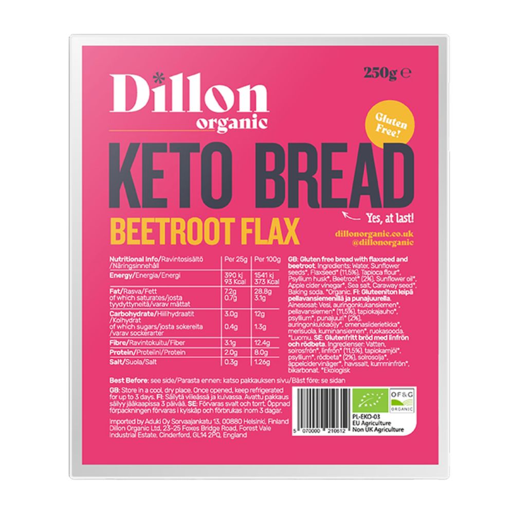 Dillon Organic Keto Bread Beetroot Flax package with nutritional information on a pink background