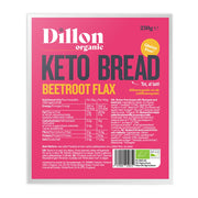 Dillon Organic Keto Bread Beetroot Flax package with nutritional information on a pink background