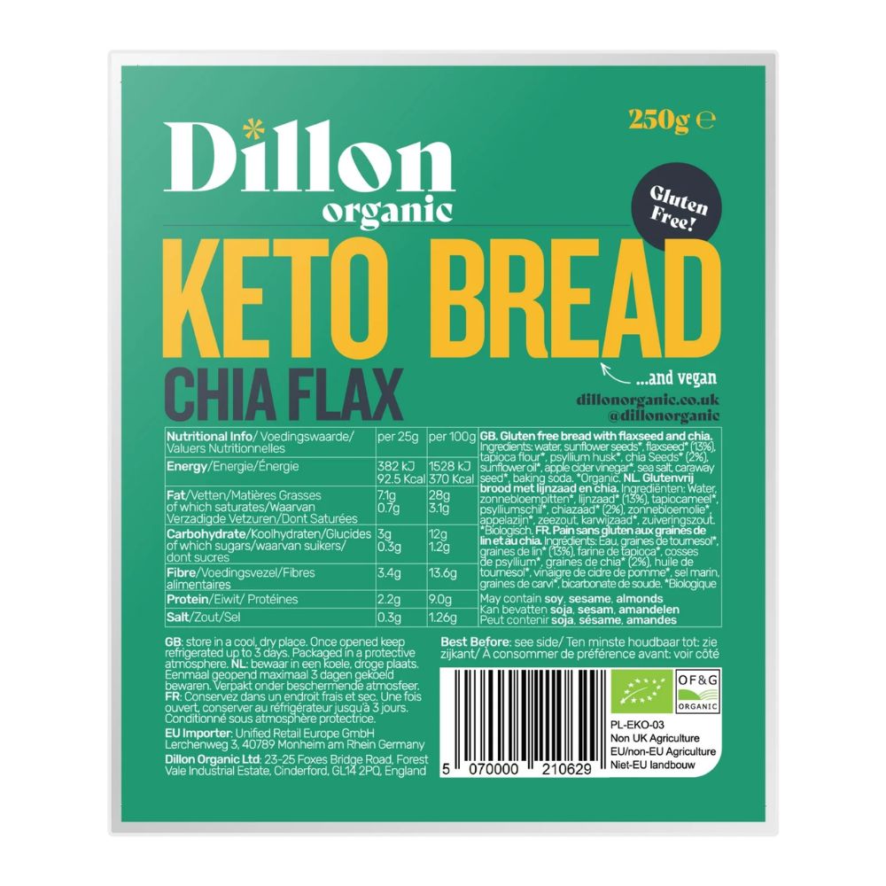 Dillon Organic Keto Bread Chia Flax package with green background