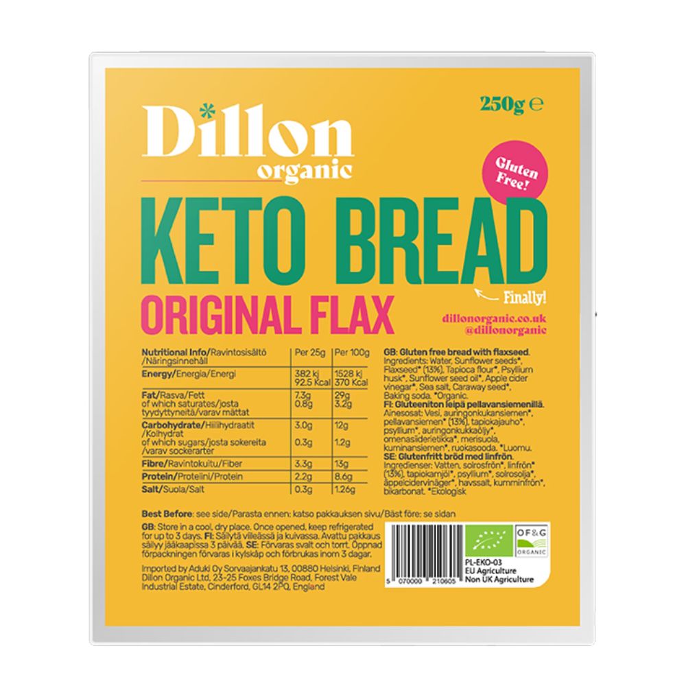 Dillon Organic Keto Bread packaging with nutritional information on a white background