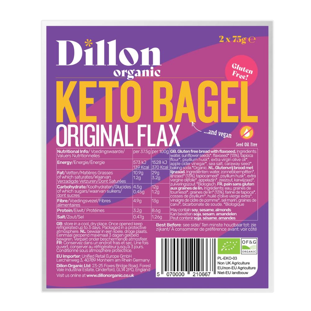 Dillon Organic Keto Bagel Original Flax package with purple and pink design