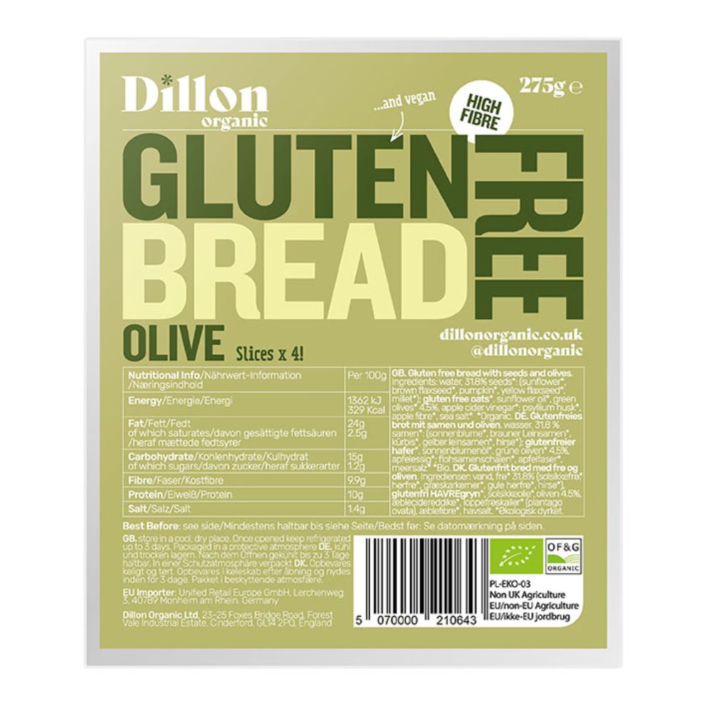 Dillon Organic gluten-free olive bread packaging on a white background