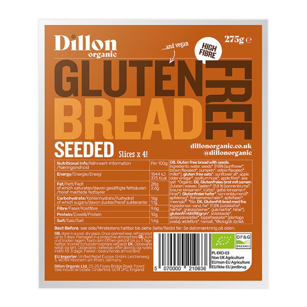 Dillon Organic gluten-free seeded bread packaging on a white background