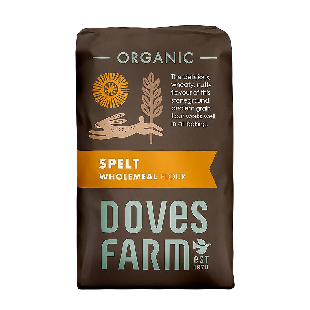Bag of Doves Farm organic spelt wholemeal flour on a white background