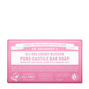 Pink bar of Dr. Bronner's All-One Cherry Blossom Pure-Castile Bar Soap on a white background