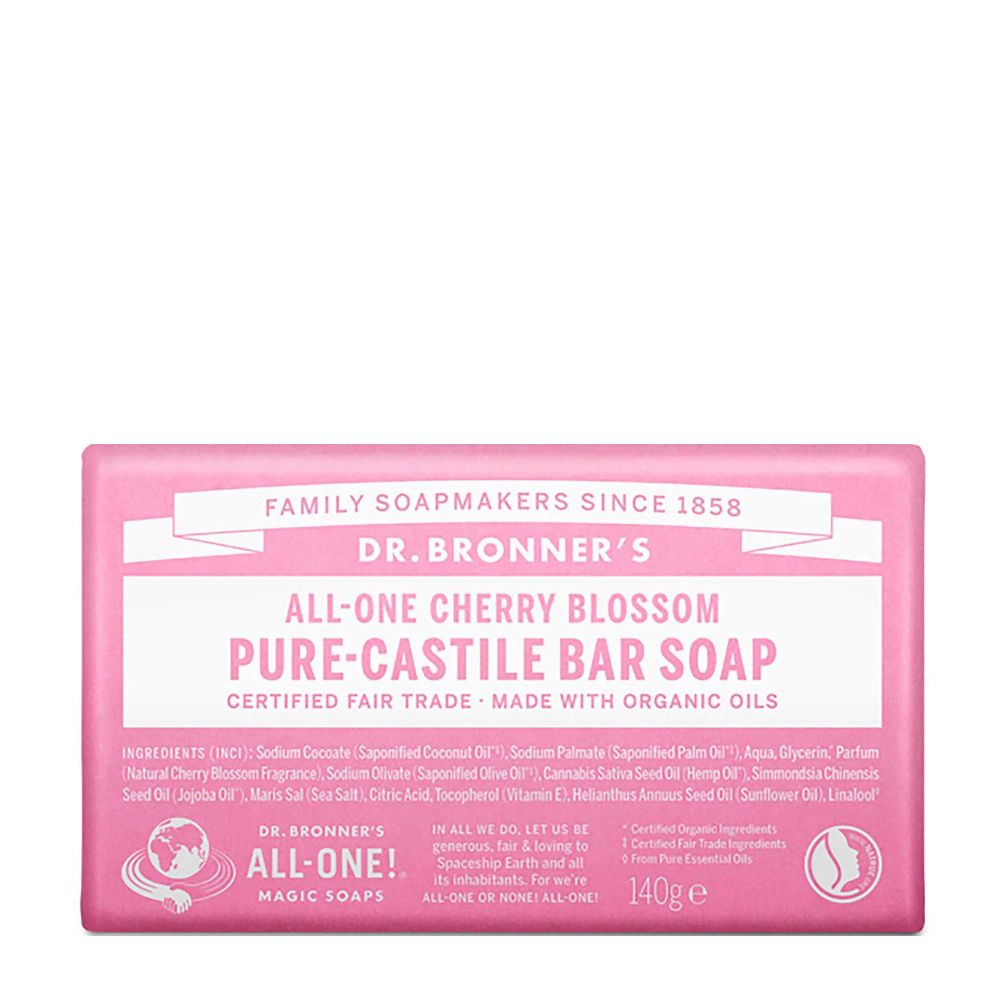 Pink bar of Dr. Bronner's All-One Cherry Blossom Pure-Castile Bar Soap on a white background