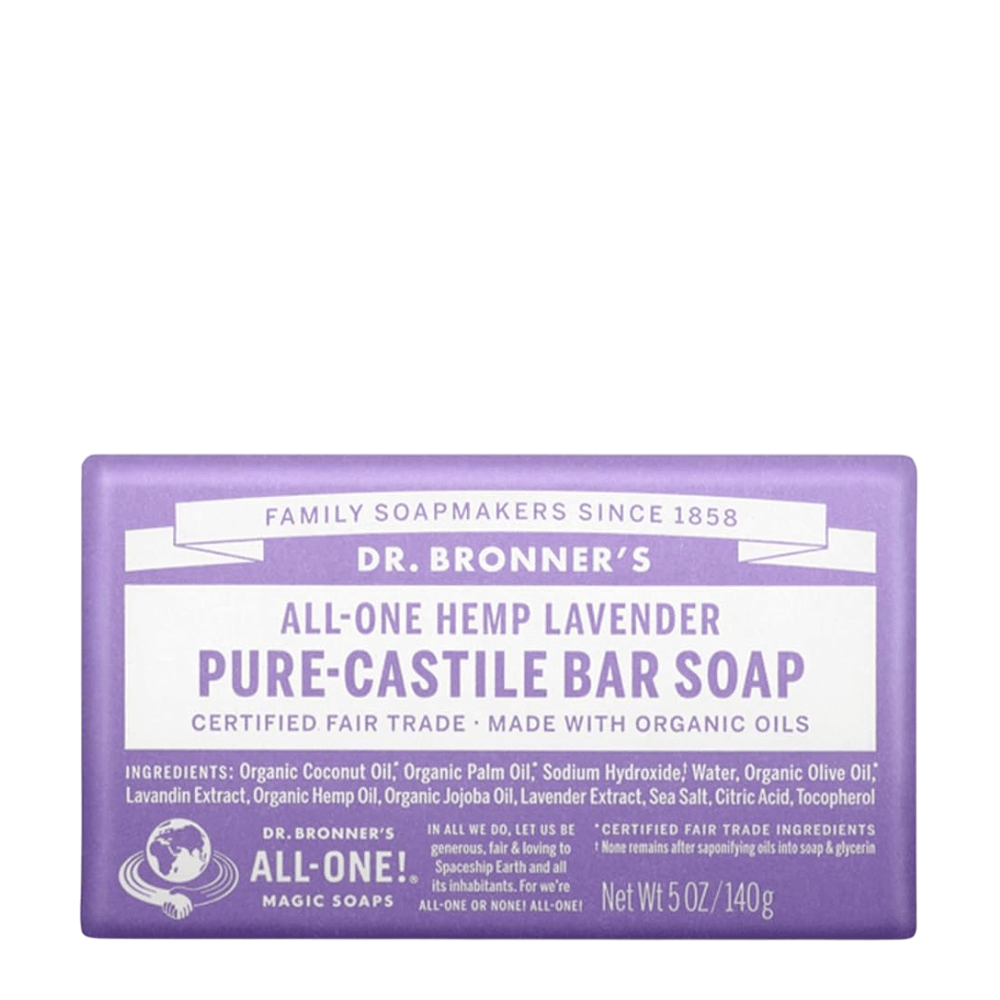 Dr. Bronner's lavender castile bar soap on a white background