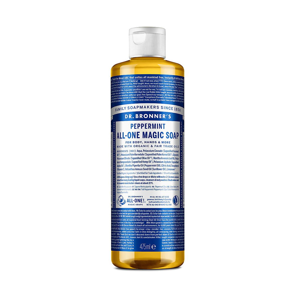 Dr. Bronner's Peppermint All-One Magic Soap bottle on a white background