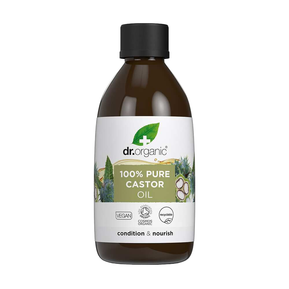 Bottle of Dr. Organic 100% Pure Castor Oil on a white background