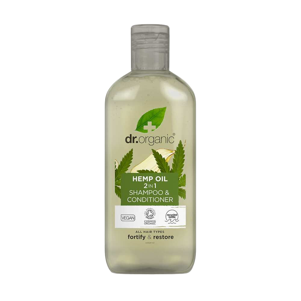 Dr. Organic hemp oil shampoo and conditioner bottle on a white background