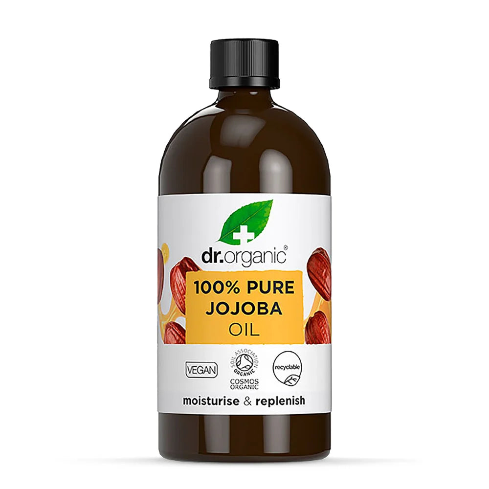 Bottle of Dr. Organic 100% Pure Jojoba Oil on a white background