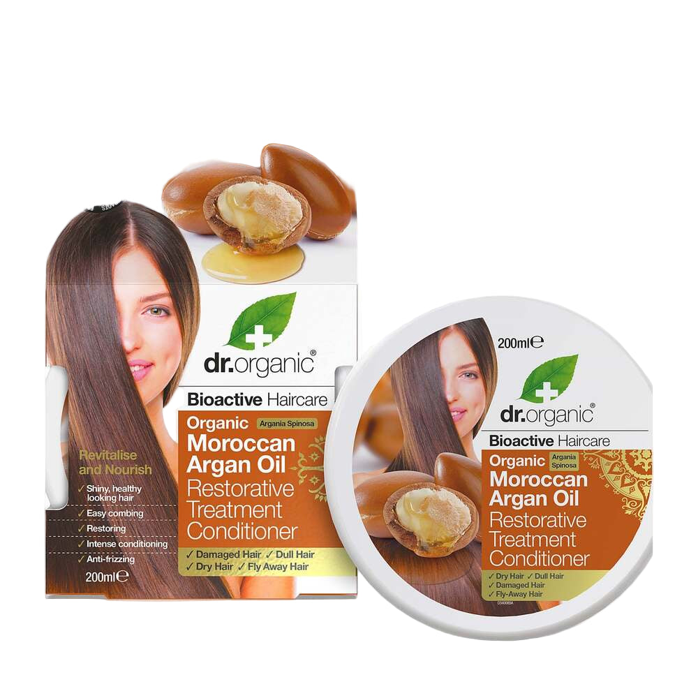 Dr. Organic Moroccan Argan Oil Restorative Treatment Conditioner packaging with a woman's face on a white background.