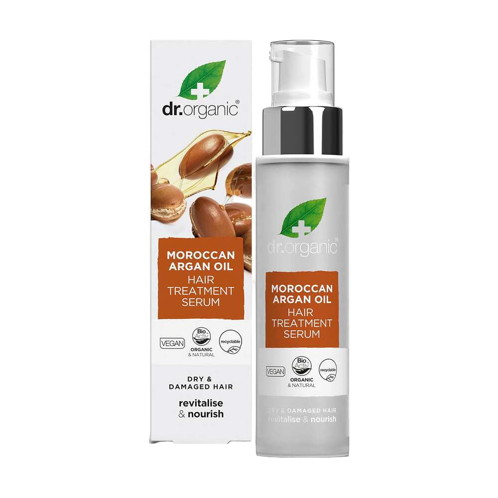 Dr. Organic Moroccan Argan Oil hair treatment serum with packaging on a white background