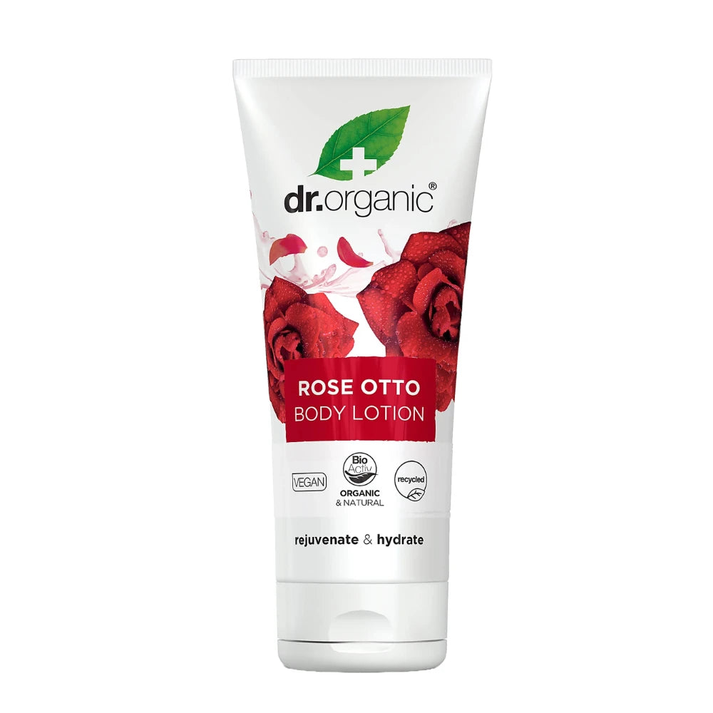Dr. Organic Rose Otto body lotion on a white background