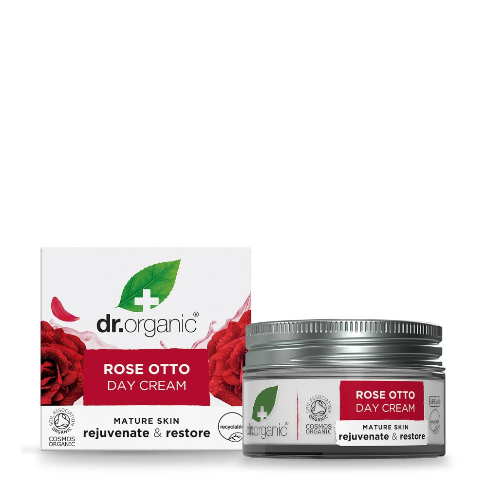 Dr. Organic Rose Otto Day Cream jar and packaging on a white background