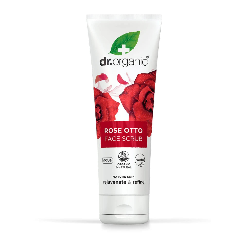 Tube of Dr. Organic Rose Otto Face Scrub on a white background