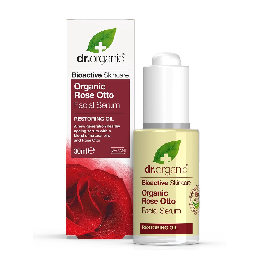 Dr. Organic Organic Rose Otto Facial Serum with packaging on a white background