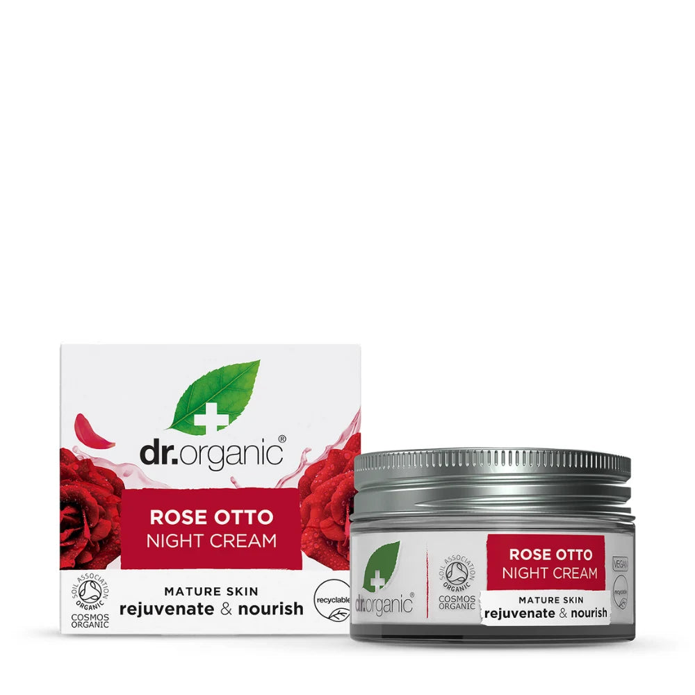 Dr. Organic Rose Otto Night Cream packaging with jar and box on a white background