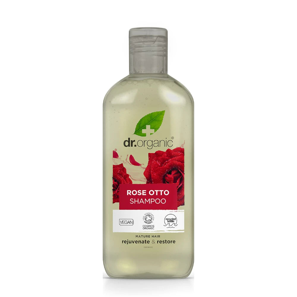 Dr. Organic Rose Otto Shampoo bottle on a white background
