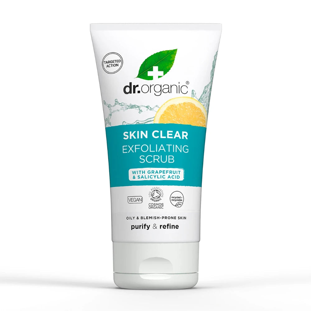 Dr. Organic Skin Clear Exfoliating Scrub tube on a white background