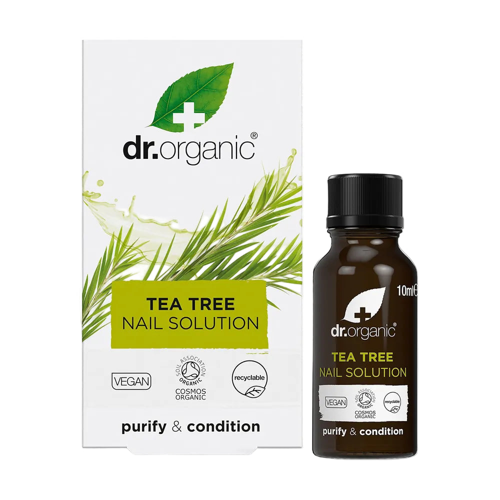Dr. Organic tea tree nail solution packaging and bottle on a white background