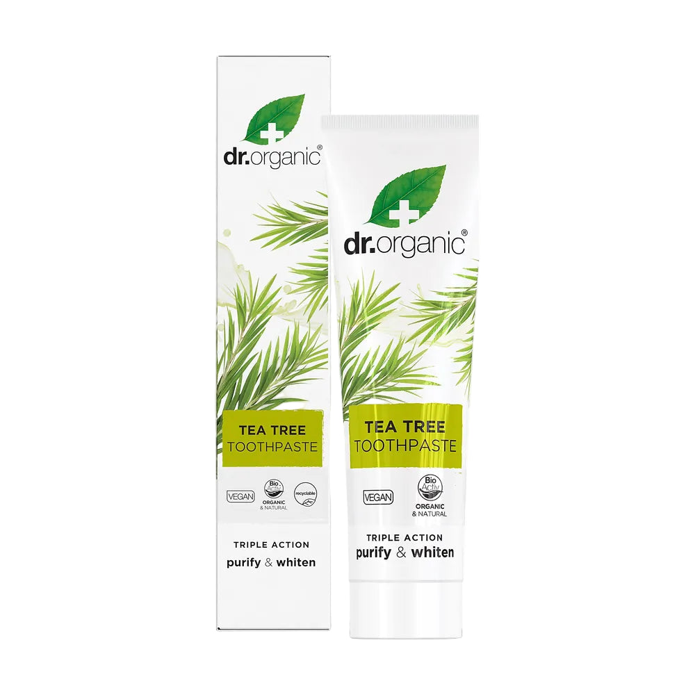 Dr. Organic Tea Tree Toothpaste packaging on a white background