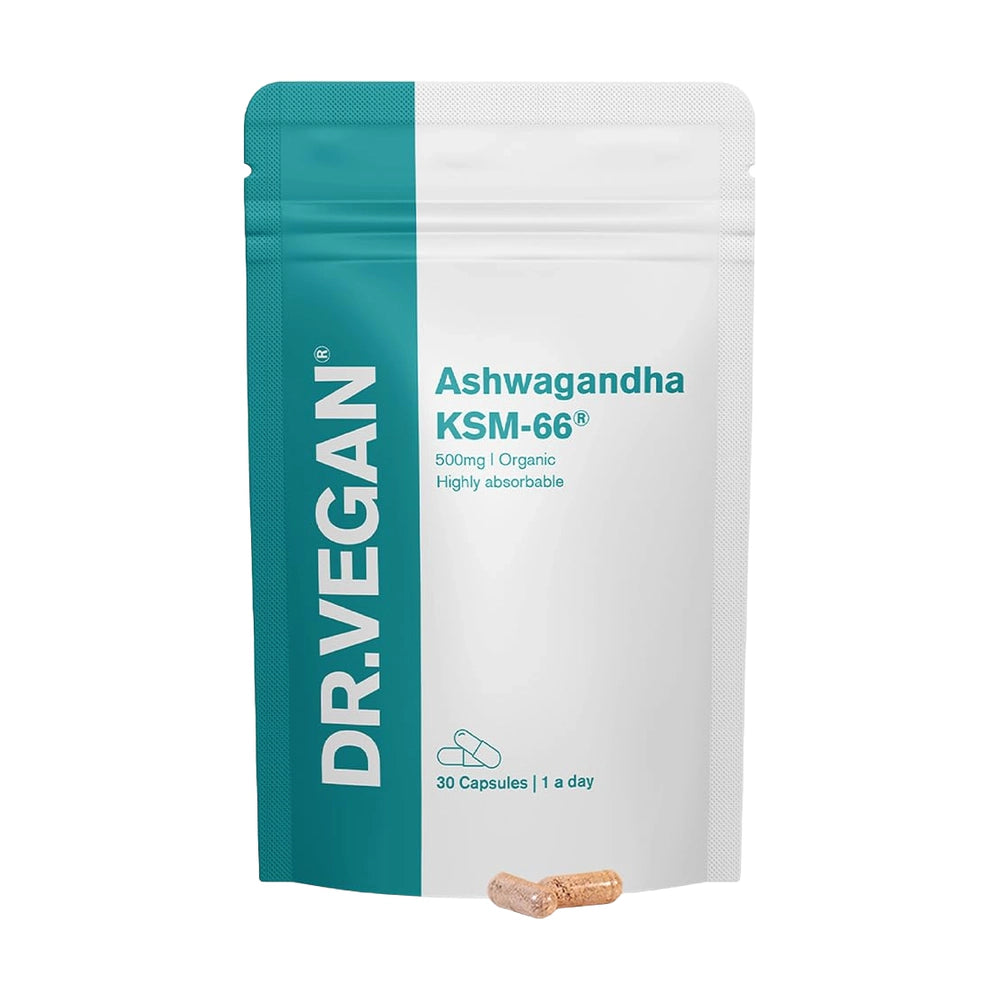 Dr. Vegan Ashwagandha KSM-66 supplement package on a white background