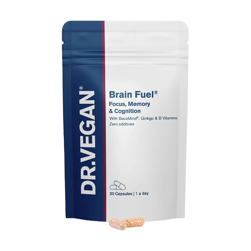 Dr. Vegan Brain Fuel supplement package on a white background