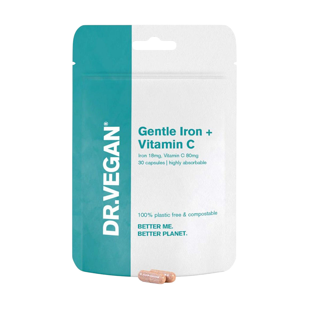 Dr. Vegan Gentle Iron + Vitamin C supplement package on a white background