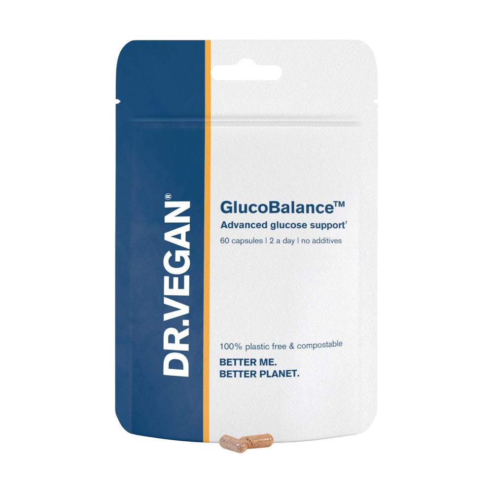DR.VEGAN GlucoBalance supplement package on a white background