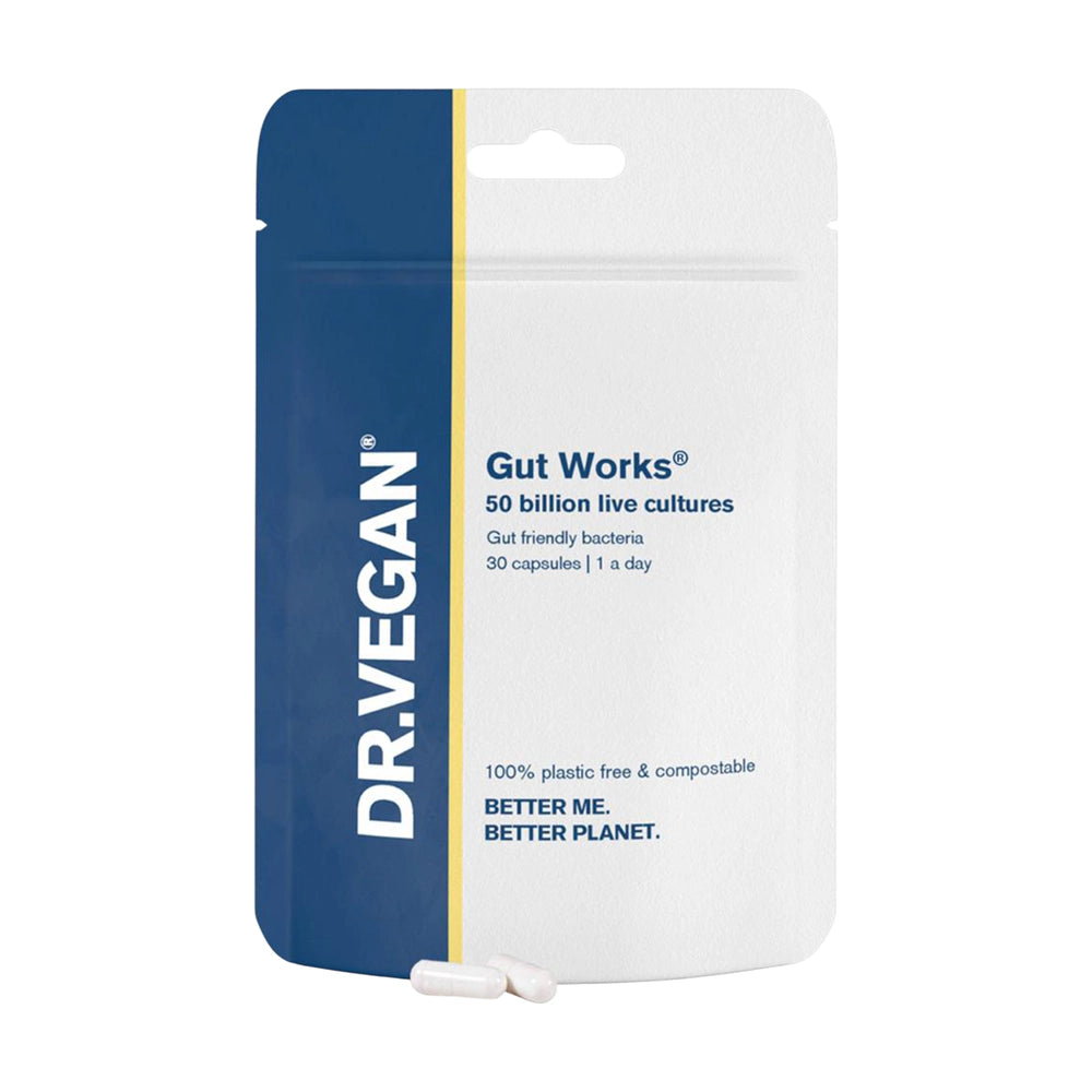 DR. VEGAN Gut Works supplement package on a white background