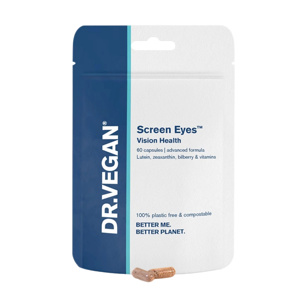 Dr. Vegan Screen Eyes vision health supplement packaging on a white background