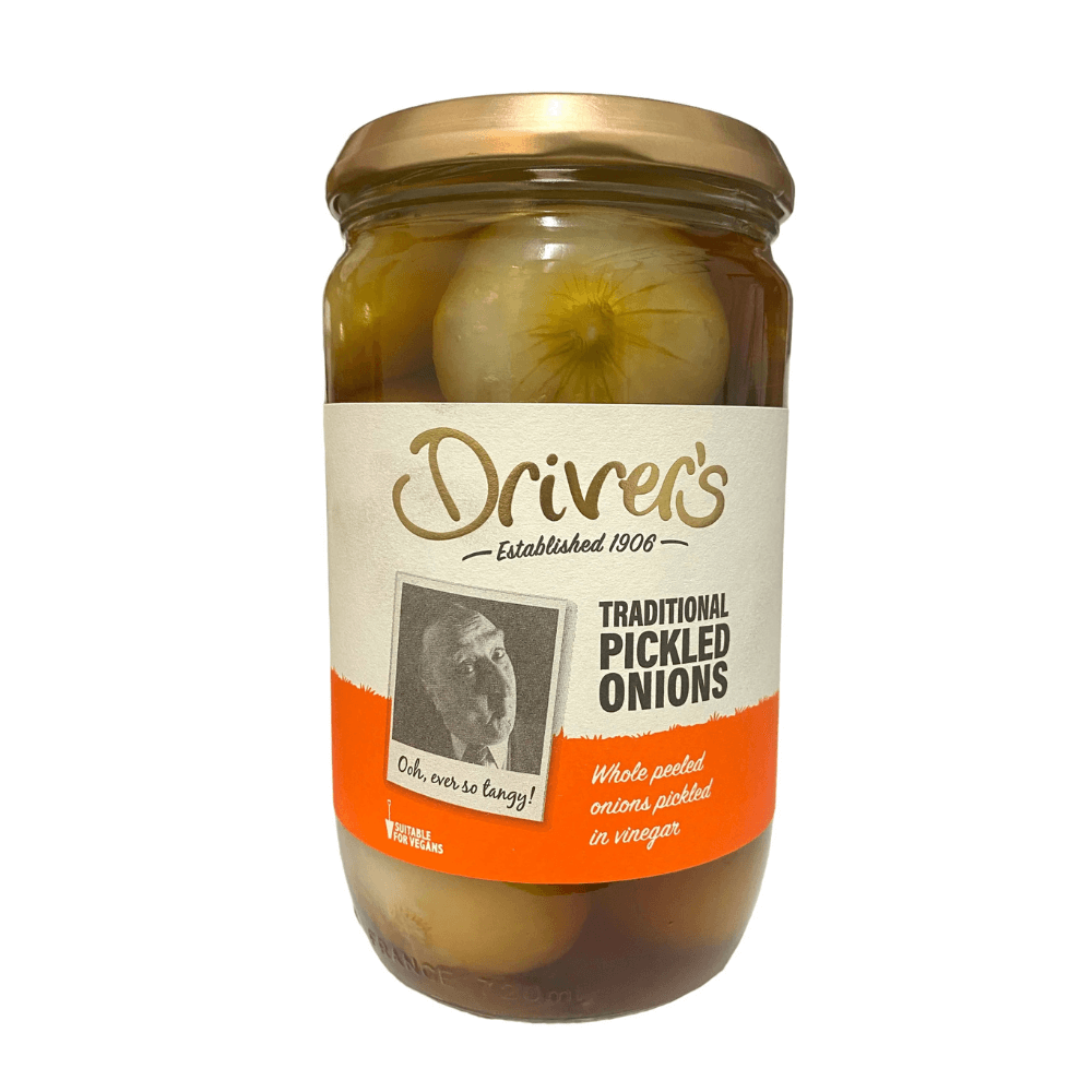 Jar of Driver's Traditional Pickled Onions on a white background