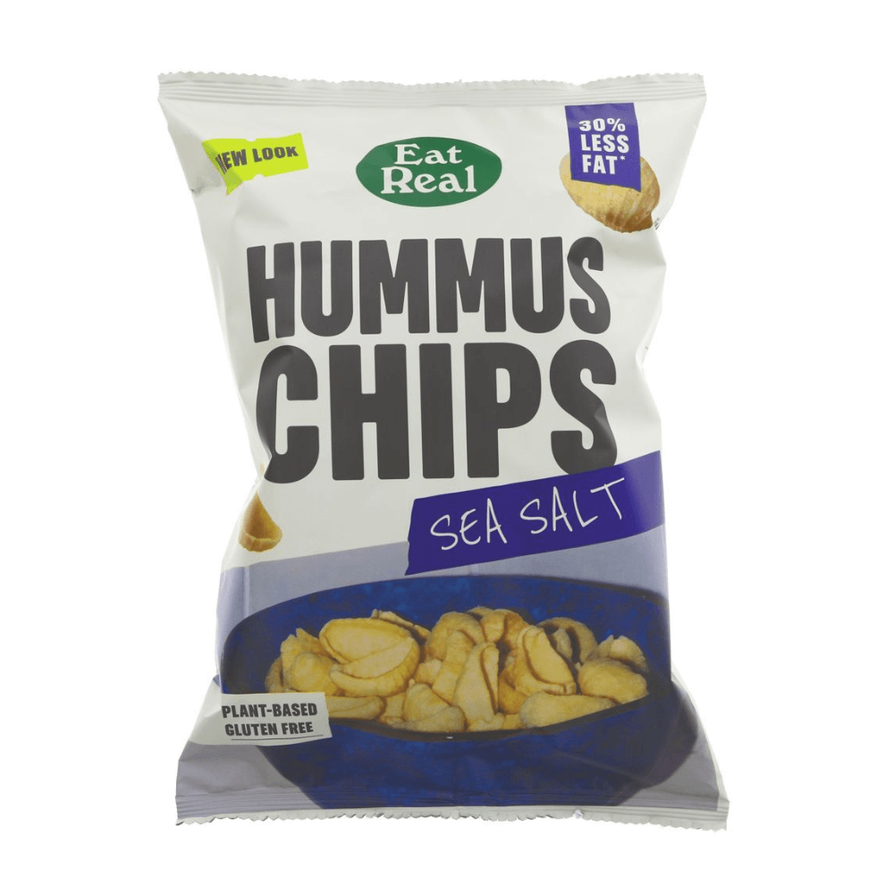 Pack of Eat Real Hummus Chips with sea salt flavor on a white background