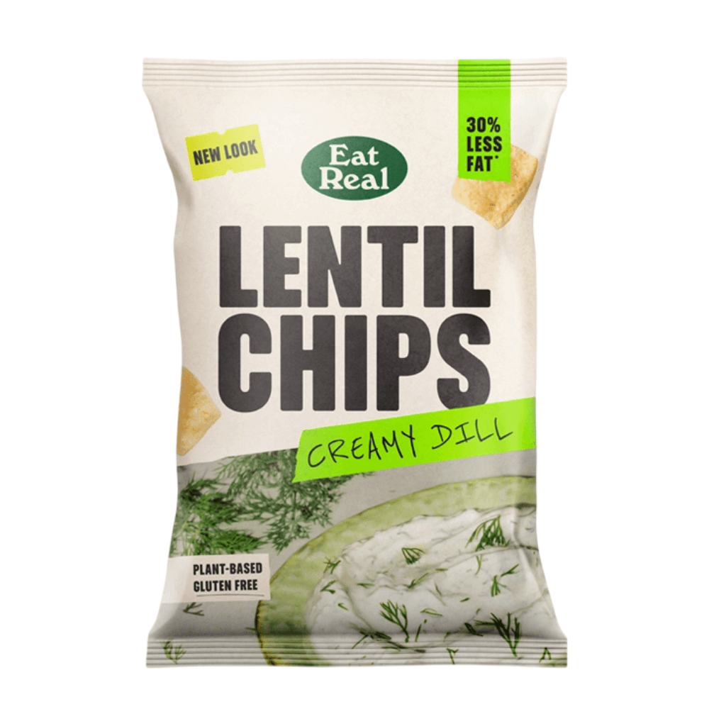 Pack of Eat Real Lentil Chips Creamy Dill on a white background