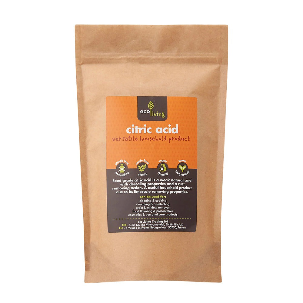 Kraft paper packaging of citric acid with an orange label on a white background