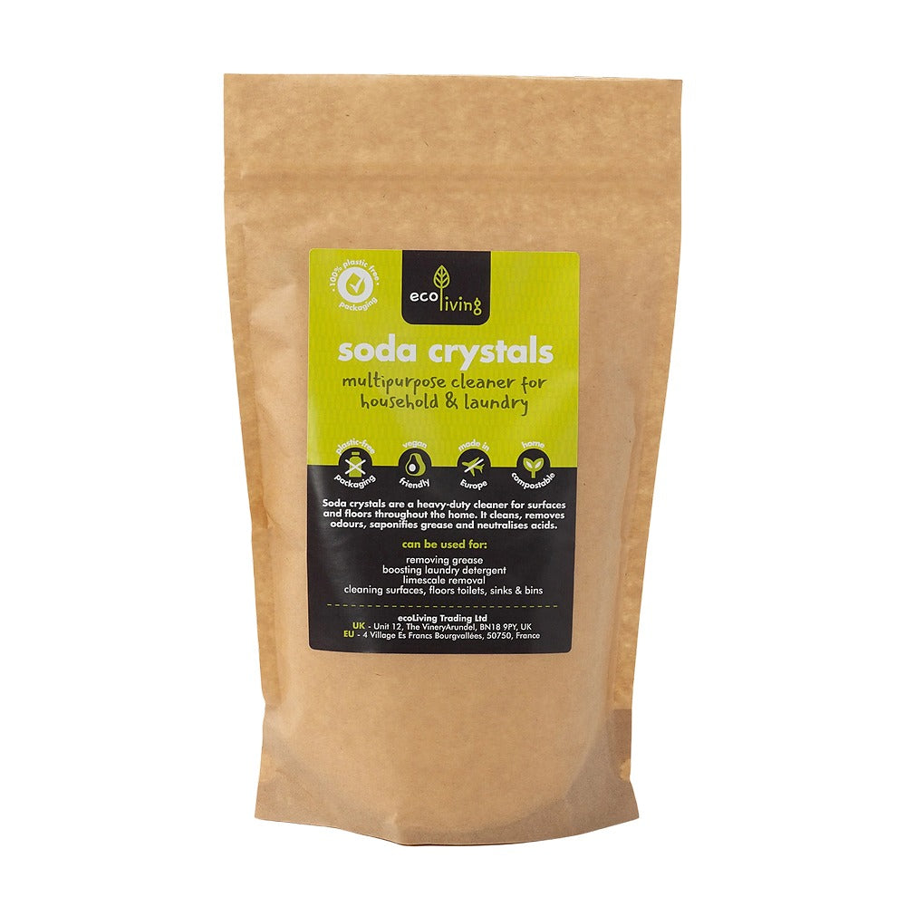 Kraft paper packaging of soda crystals with a green label on a white background