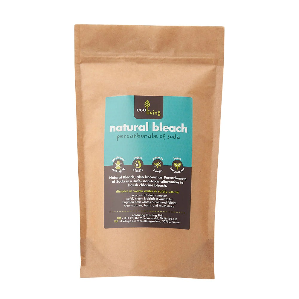 Kraft paper package of natural bleach with a label on a white background