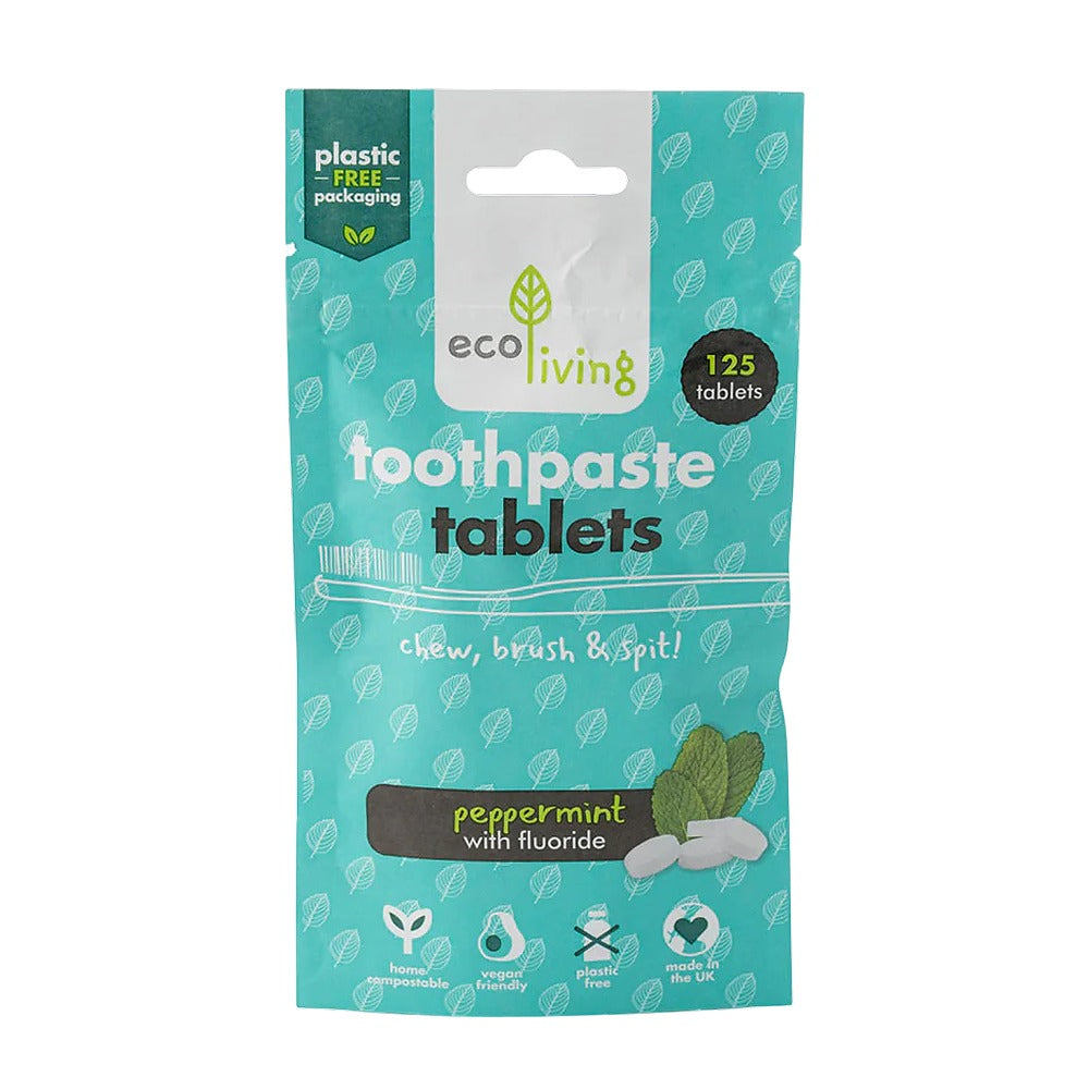 Package of eco living toothpaste tablets on a white background