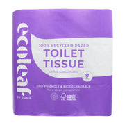 Purple package of Eclea by Suma recycled paper toilet tissue on a white background