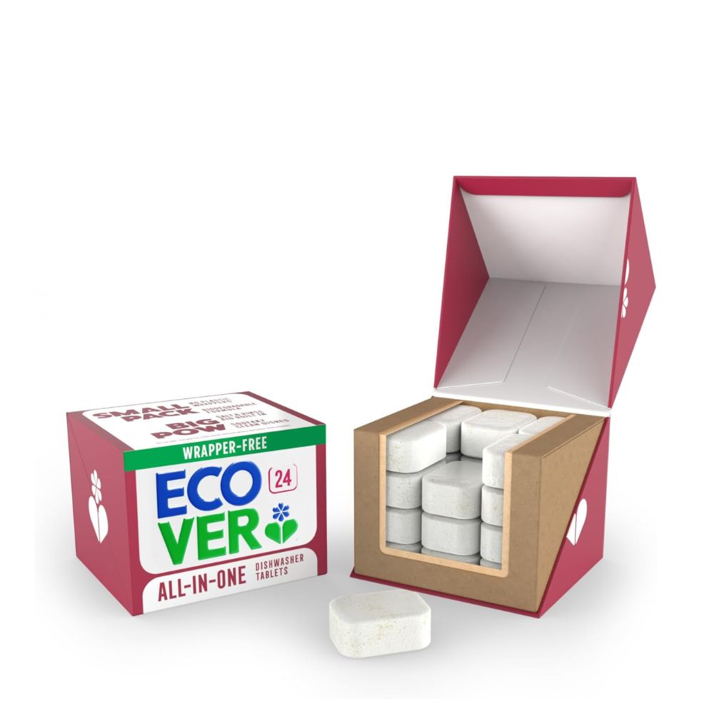 Eco-ver all-in-one dishwasher tablets with packaging on a white background