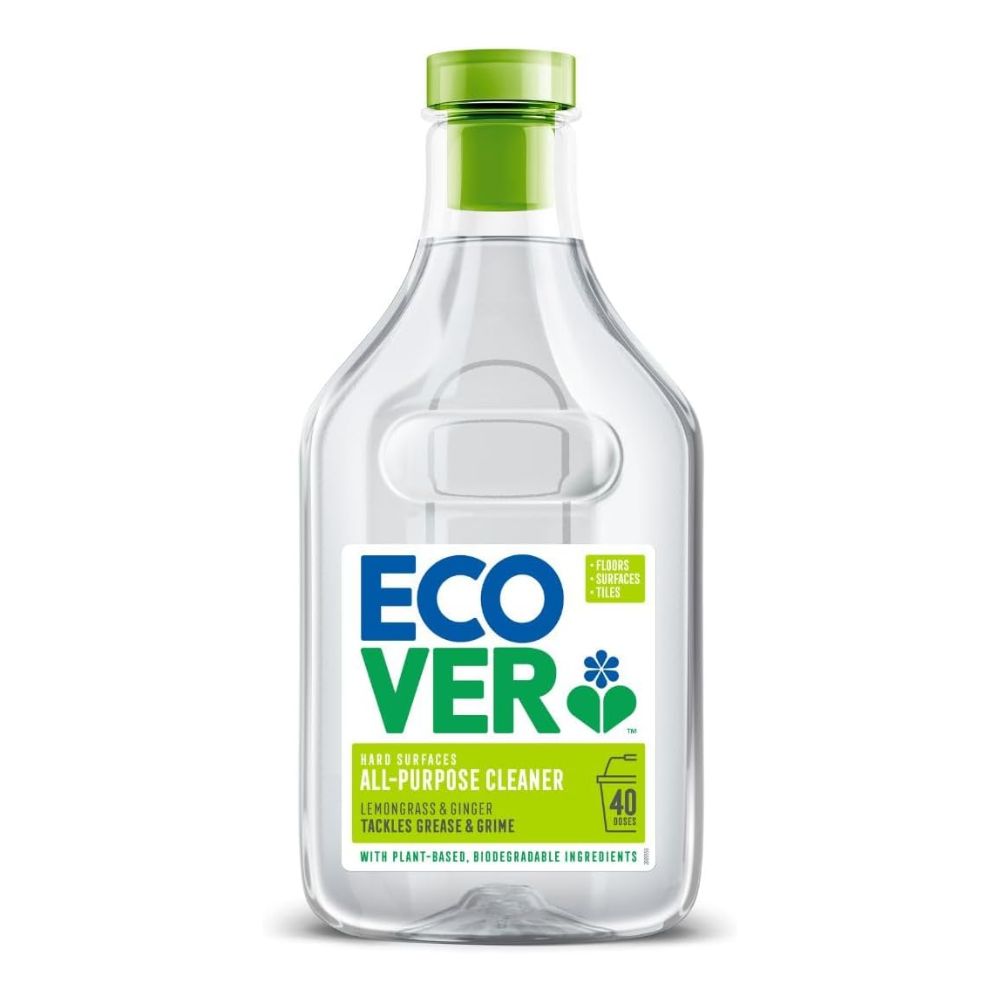 Clear bottle of Eco-Ver all-purpose cleaner with a green cap on a white background