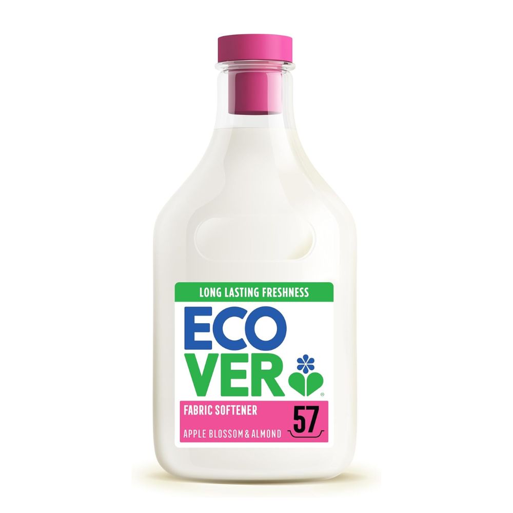 Ecover fabric softener bottle with a pink cap on a white background