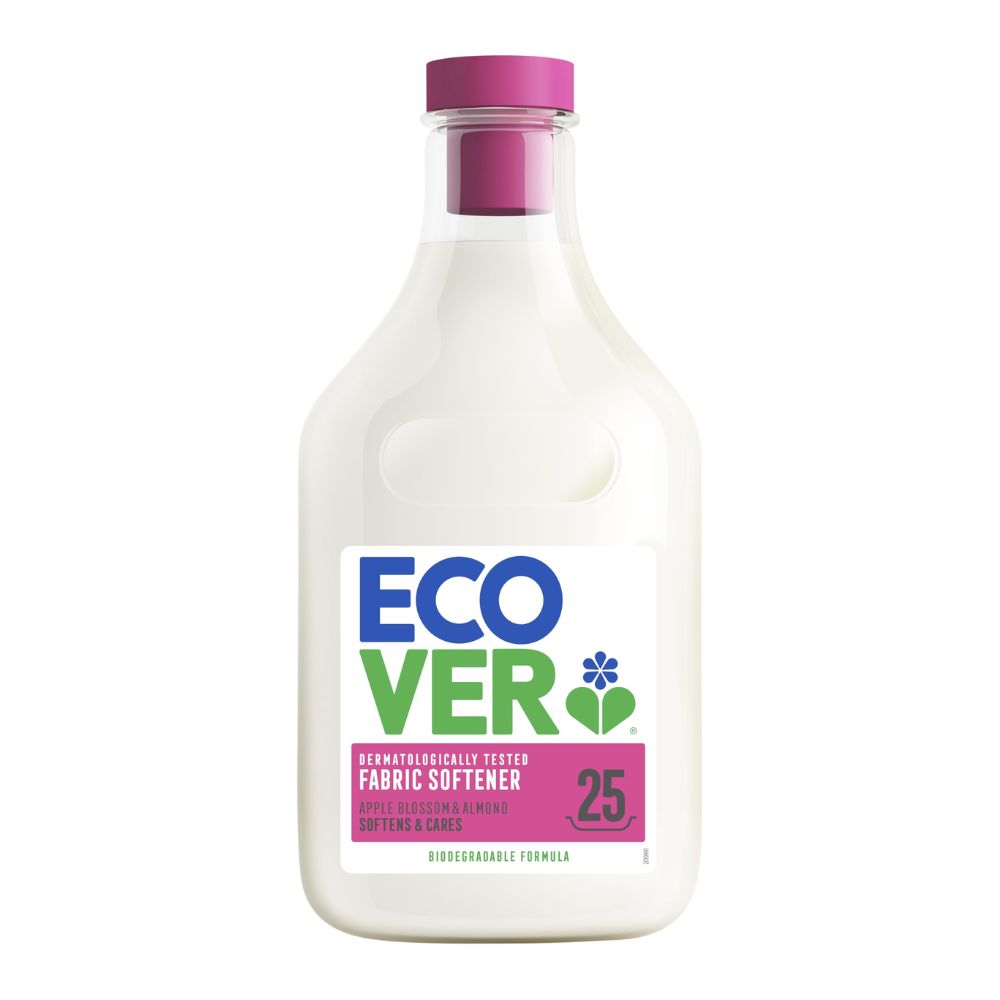 Ecover fabric softener bottle with a purple cap on a white background
