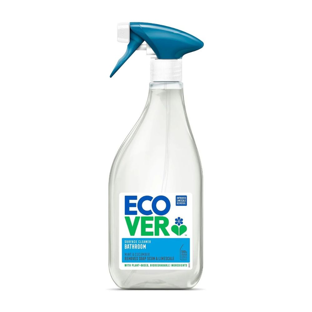 Clear spray bottle with blue nozzle and Ecover label on a white background