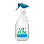Clear spray bottle with blue nozzle and Ecover label on a white background